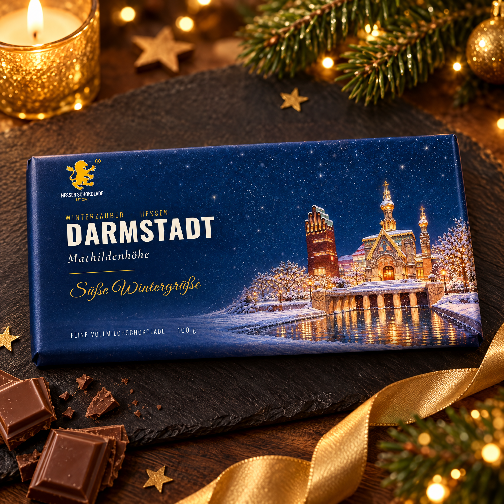 Weihnachtsschokolade Darmstadt: Vollmilch-Tafel mit Banderole „Mathildenhöhe“ im Schnee – Winterzauber Hessen