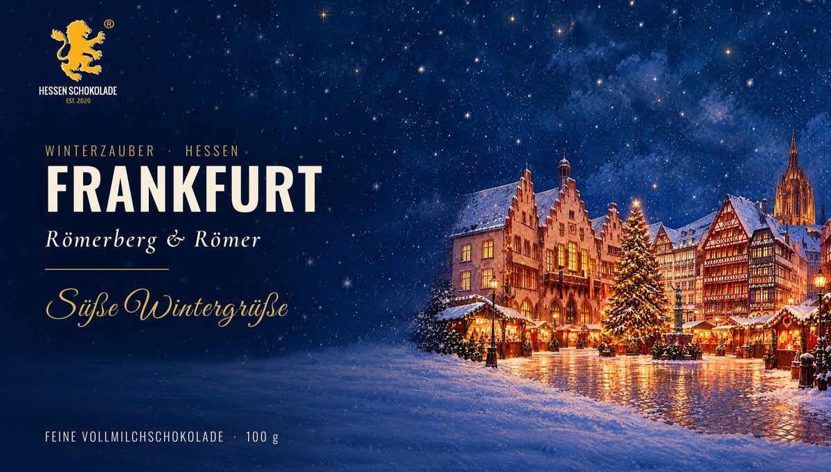 Banderole Winterzauber Hessen – Frankfurt – Römerberg, winterliches Motiv auf Hessen Schokolade