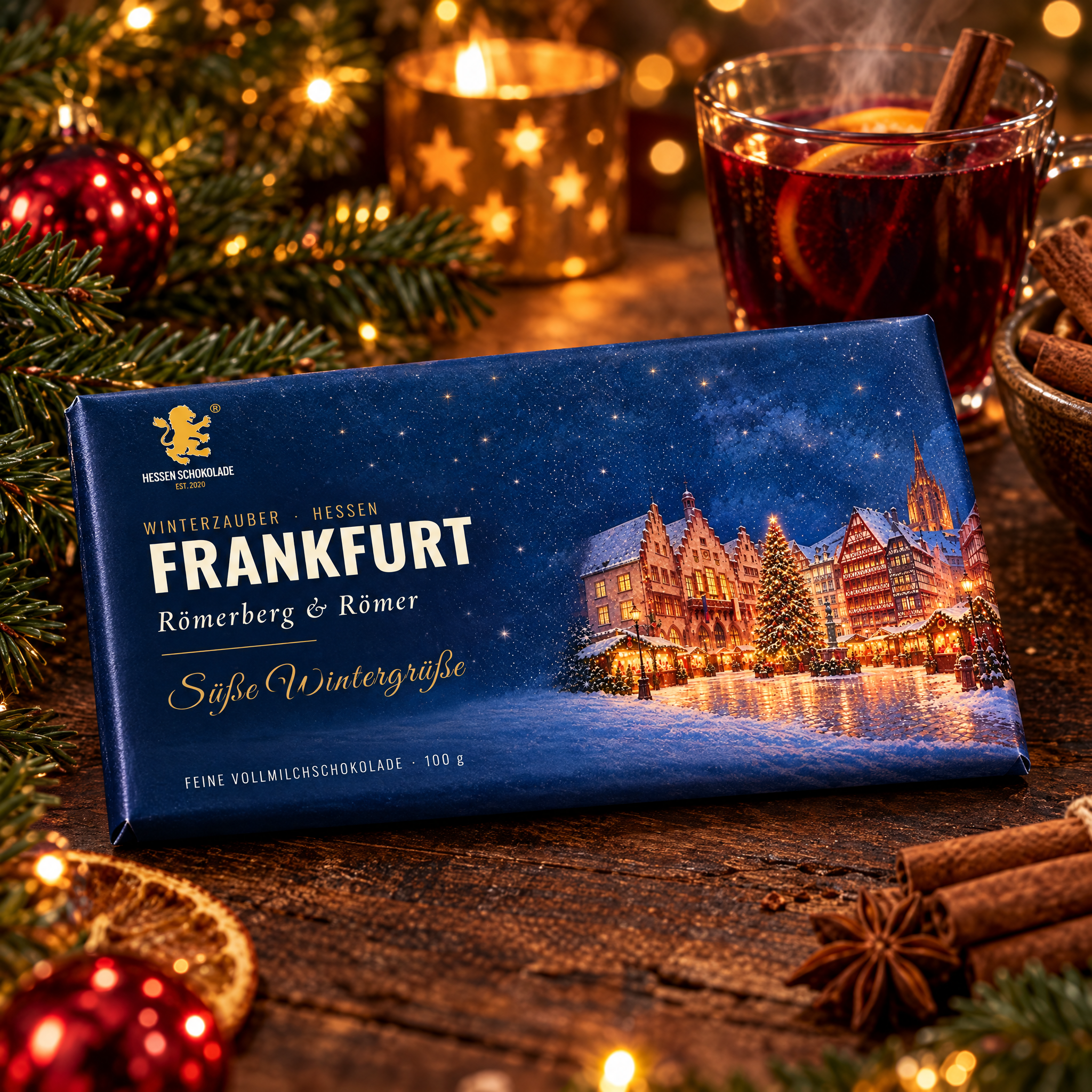 Weihnachtsschokolade Frankfurt: Vollmilch-Tafel mit Banderole „Römerberg“ im Schnee – Winterzauber Hessen