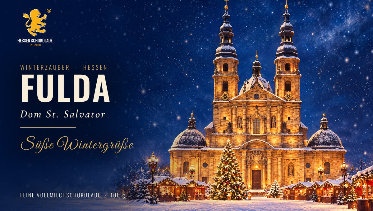 Banderole Winterzauber Hessen – Fulda – Dom St. Salvator, winterliches Motiv auf Hessen Schokolade