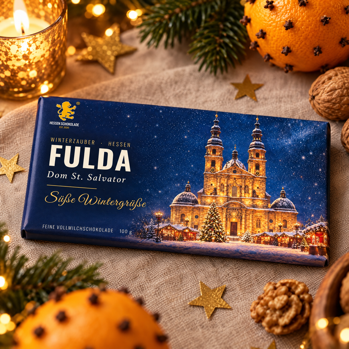 Weihnachtsschokolade Fulda: Vollmilch-Tafel mit Banderole „Dom St. Salvator“ im Schnee – Winterzauber Hessen