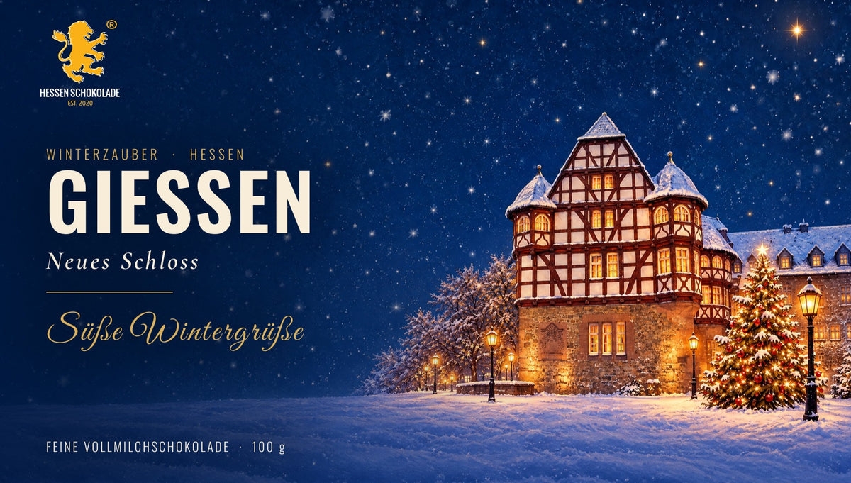 Banderole Winterzauber Hessen – Gießen – Neues Schloss, winterliches Motiv auf Hessen Schokolade