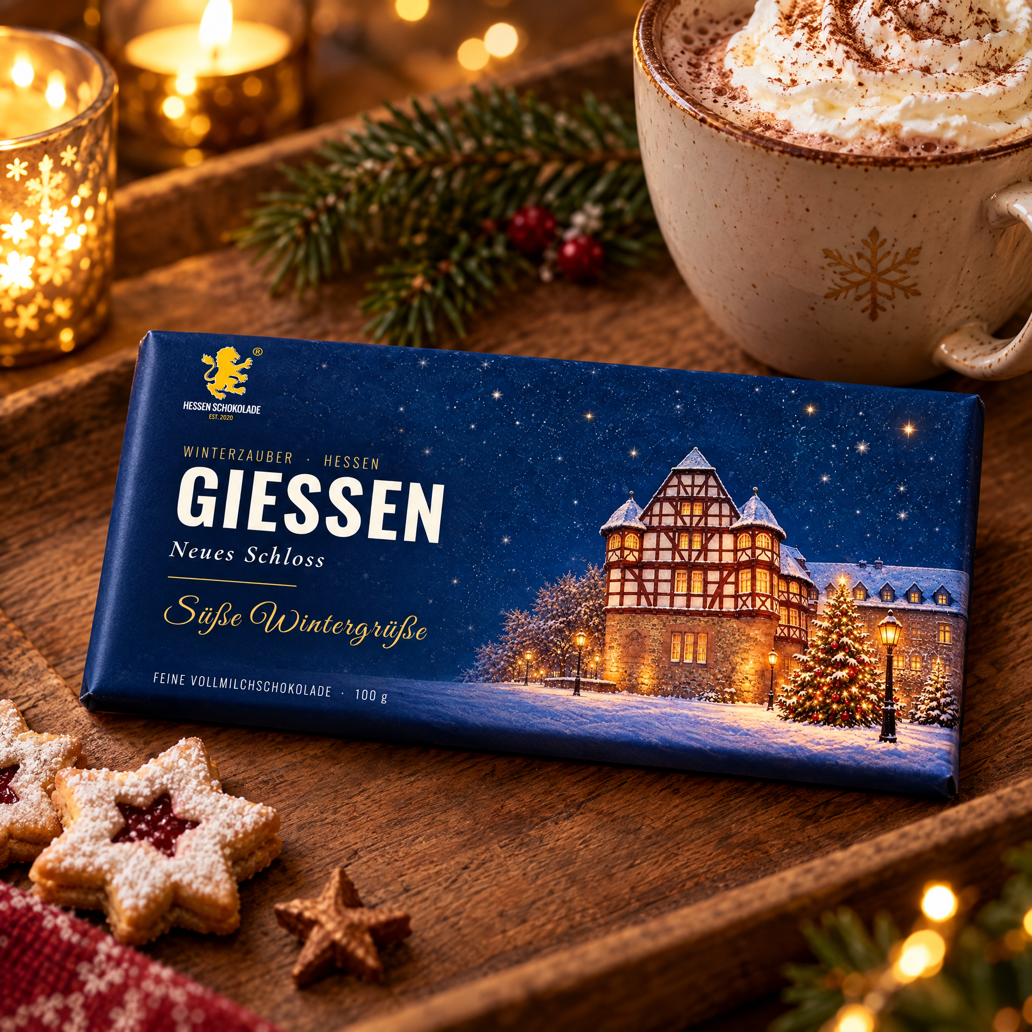 Weihnachtsschokolade Gießen: Vollmilch-Tafel mit Banderole „Neues Schloss“ im Schnee – Winterzauber Hessen
