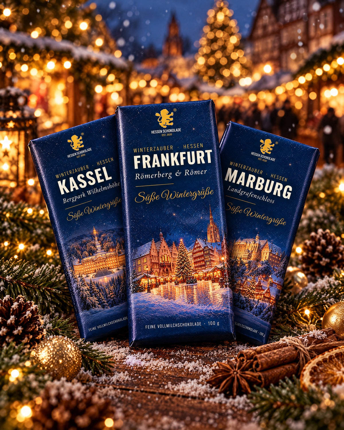 Winterzauber Hessen Vollmilch-Tafeln Kassel, Frankfurt und Marburg vor winterlichem Weihnachtsmarkt