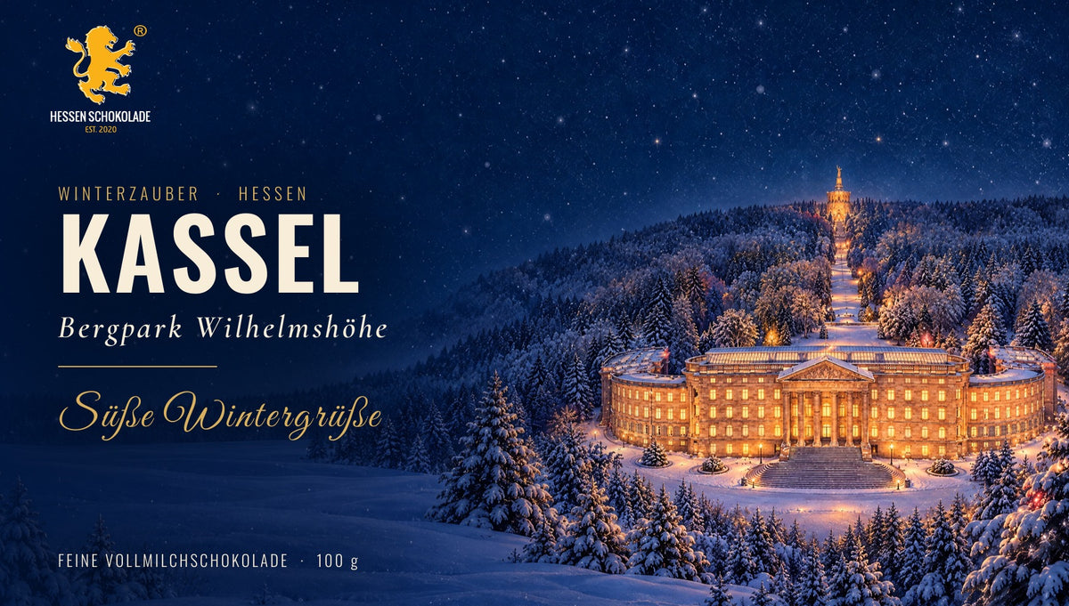 Banderole Winterzauber Hessen – Kassel – Bergpark Wilhelmshöhe, winterliches Motiv auf Hessen Schokolade