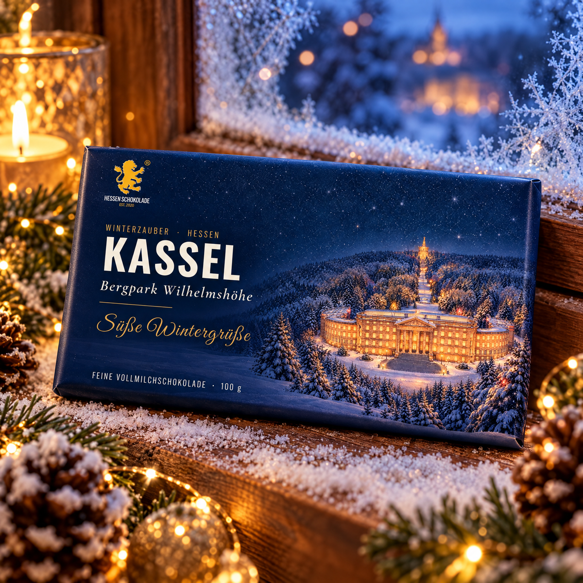 Weihnachtsschokolade Kassel: Vollmilch-Tafel mit Banderole „Bergpark Wilhelmshöhe“ im Schnee – Winterzauber Hessen