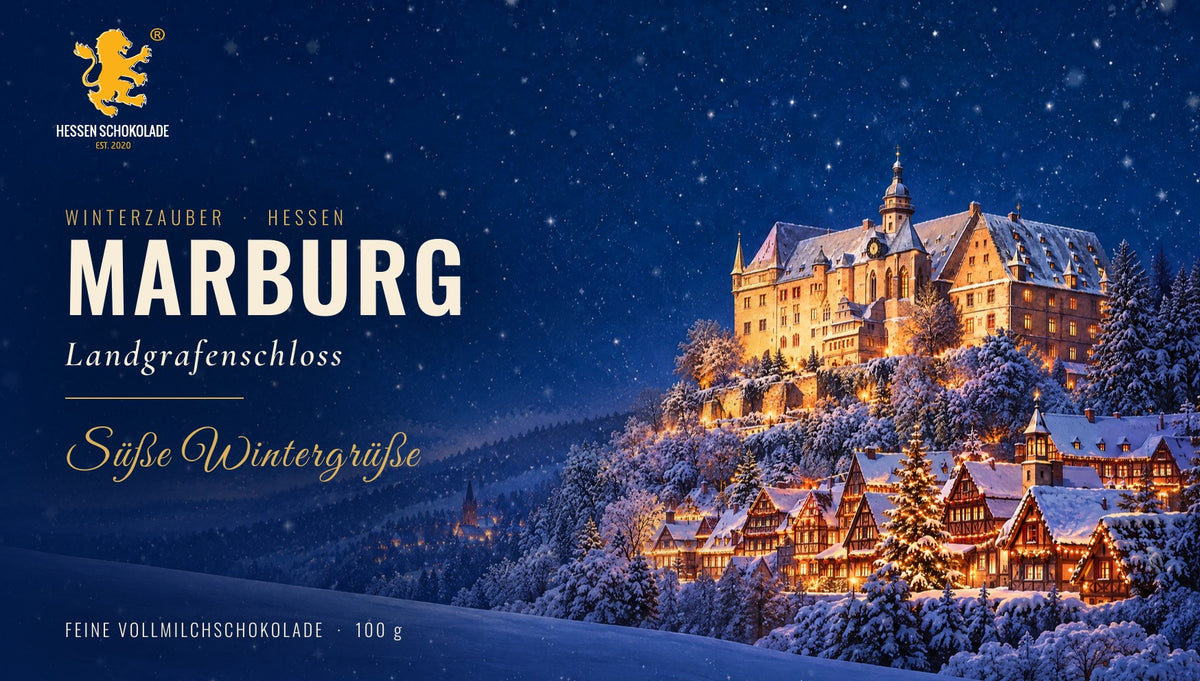 Banderole Winterzauber Hessen – Marburg – Landgrafenschloss, winterliches Motiv auf Hessen Schokolade
