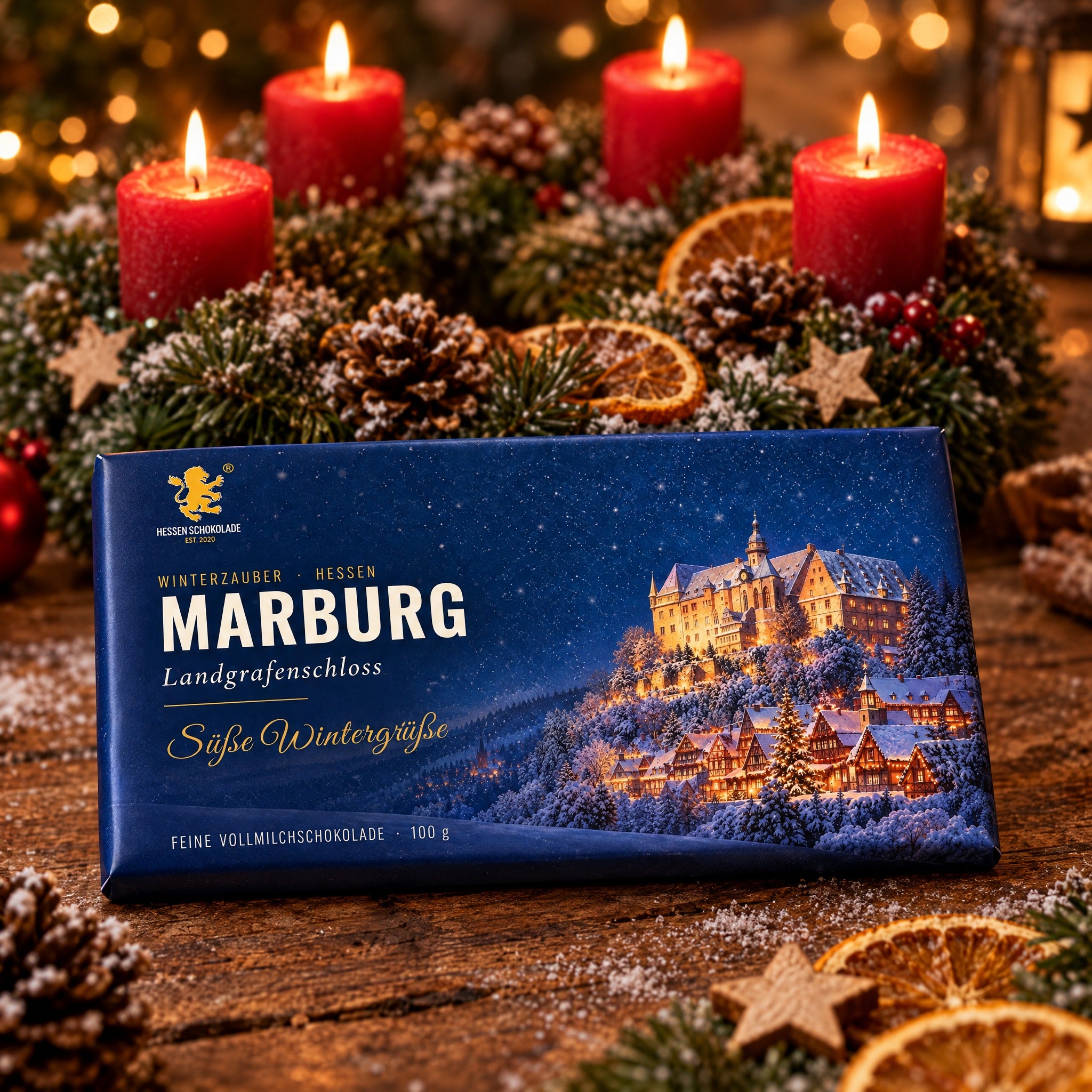 Weihnachtsschokolade Marburg: Vollmilch-Tafel „Landgrafenschloss“ vor Adventskranz – Winterzauber Hessen