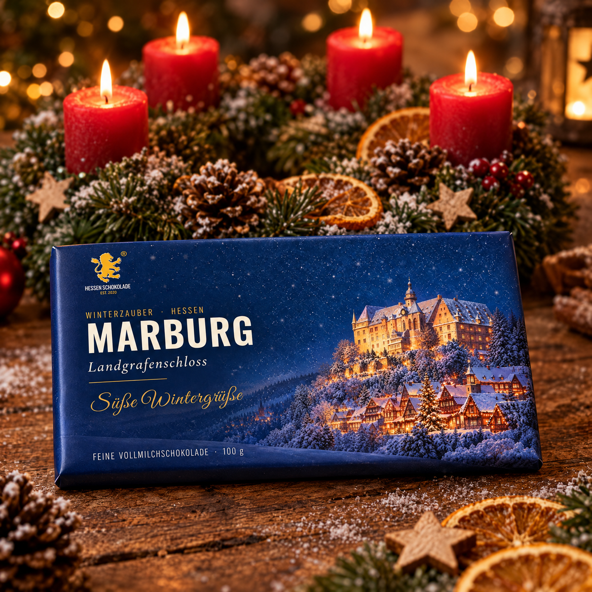 Weihnachtsschokolade Marburg: Vollmilch-Tafel mit Banderole „Landgrafenschloss“ im Schnee – Winterzauber Hessen