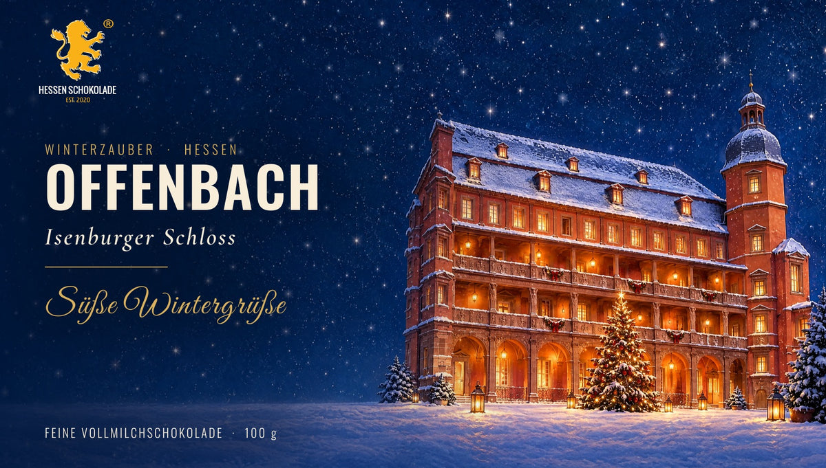 Banderole Winterzauber Hessen – Offenbach – Isenburger Schloss, winterliches Motiv auf Hessen Schokolade
