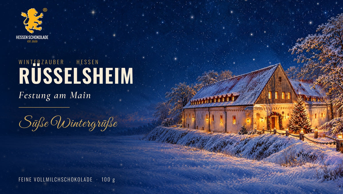 Banderole Winterzauber Hessen – Rüsselsheim – Festung, winterliches Motiv auf Hessen Schokolade