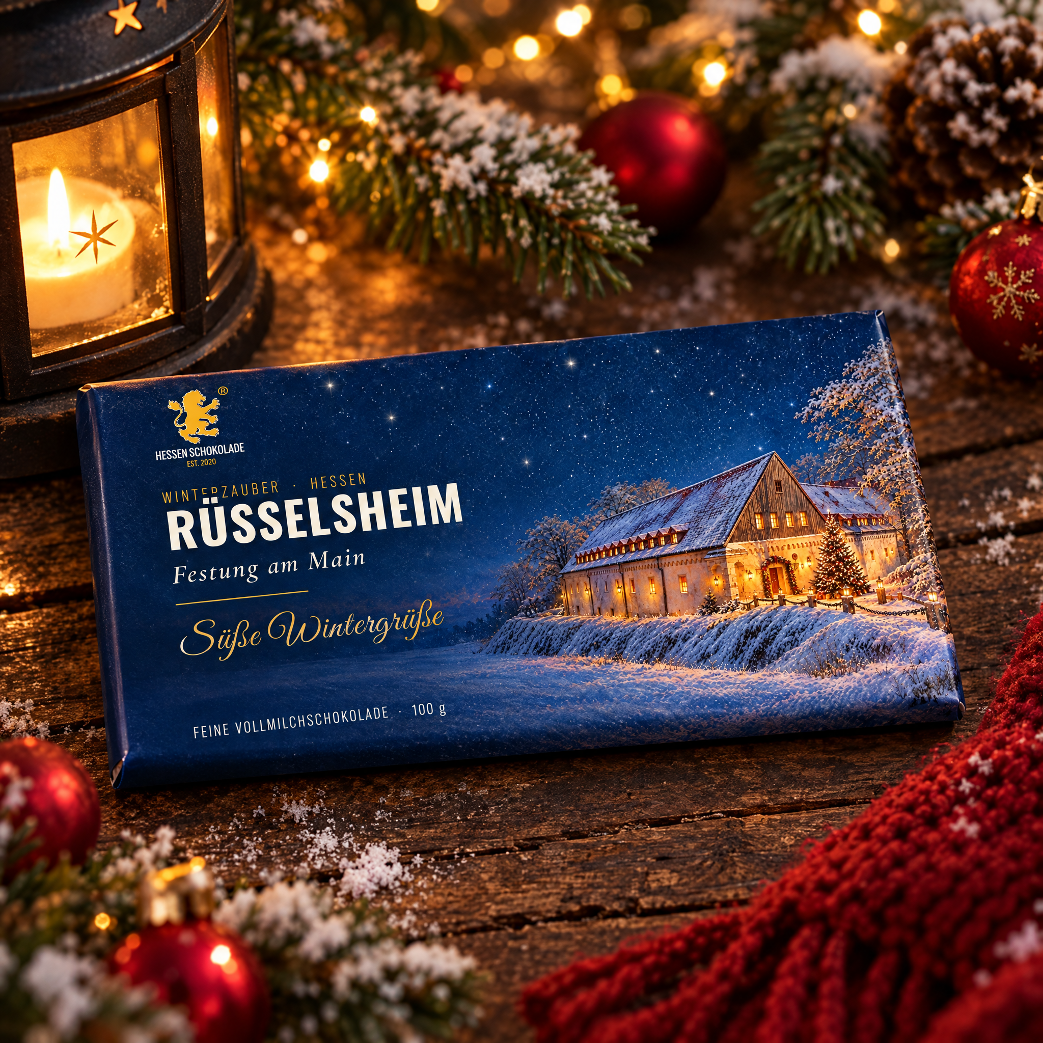 Weihnachtsschokolade Rüsselsheim: Vollmilch-Tafel mit Banderole „Festung“ im Schnee – Winterzauber Hessen