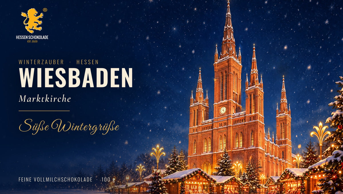 Banderole Winterzauber Hessen – Wiesbaden – Marktkirche, winterliches Motiv auf Hessen Schokolade