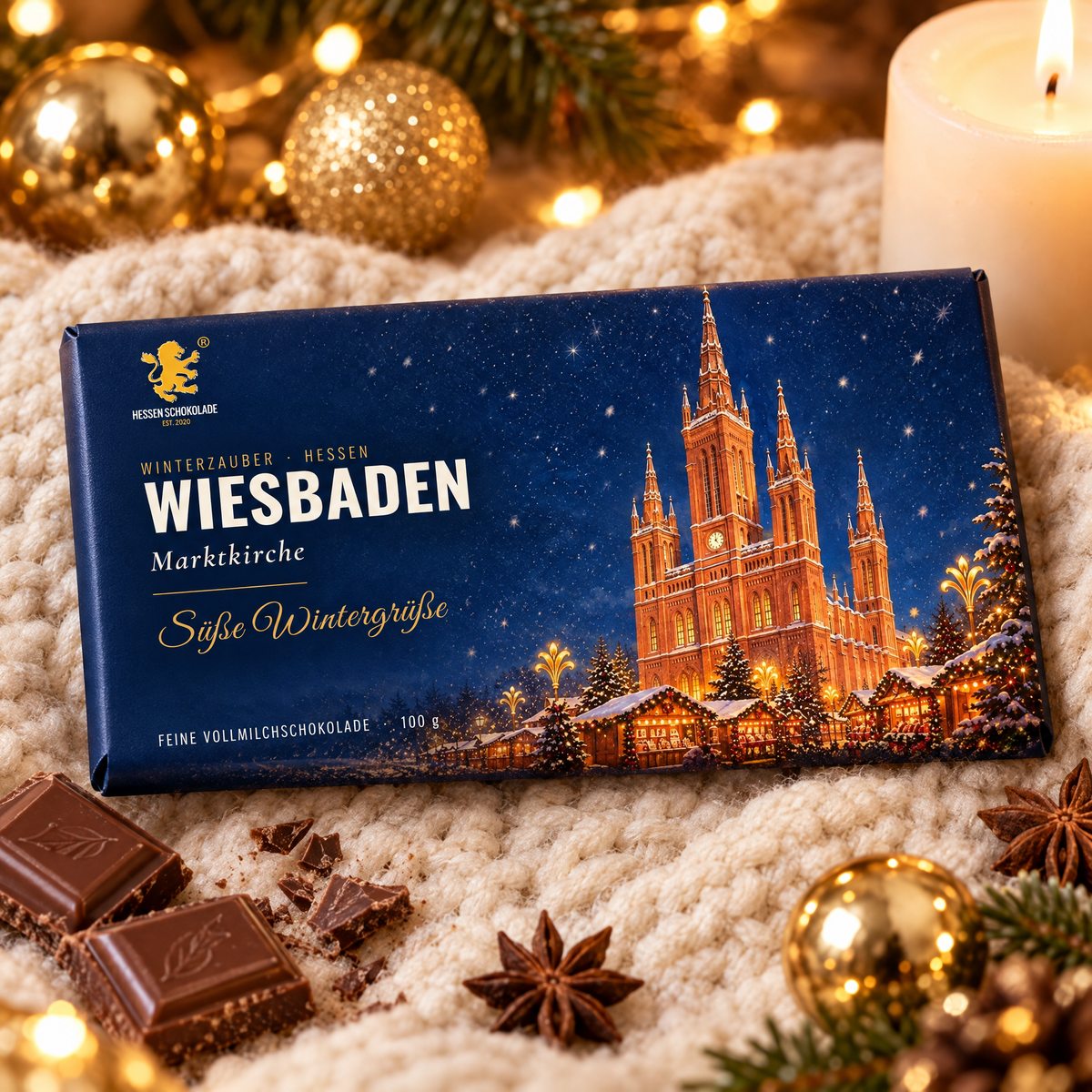 Weihnachtsschokolade Wiesbaden: Vollmilch-Tafel mit Banderole „Marktkirche“ im Schnee – Winterzauber Hessen