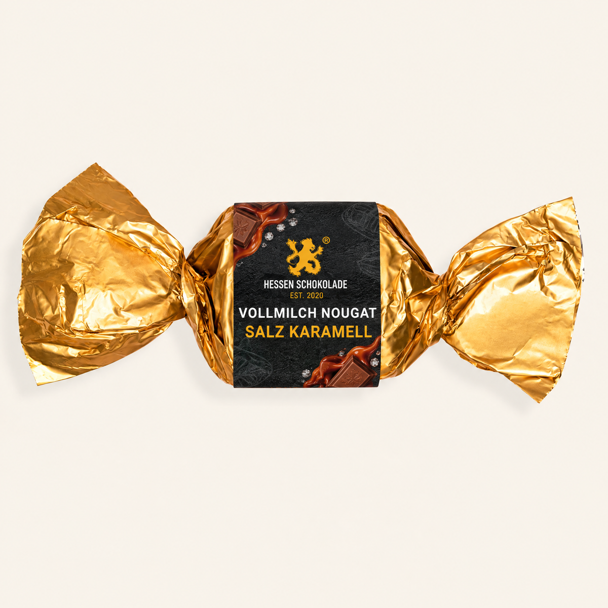 Nougathappen Vollmilch Nougat Salz Karamell in Goldfolie mit Hessen Schokolade Banderole