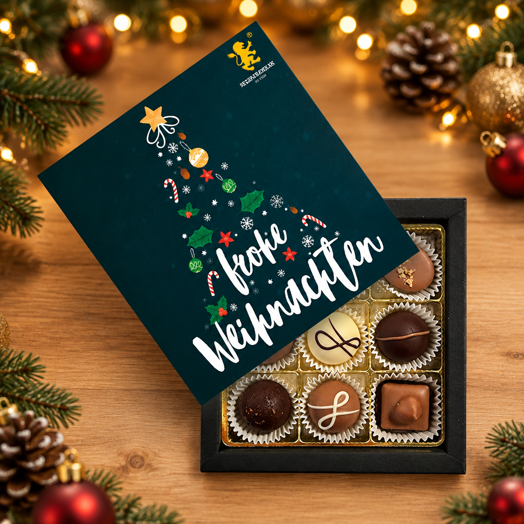 9er Wintermischung Frohe Weihnachten Tannenbaum – Pralinen von Hessen Schokolade