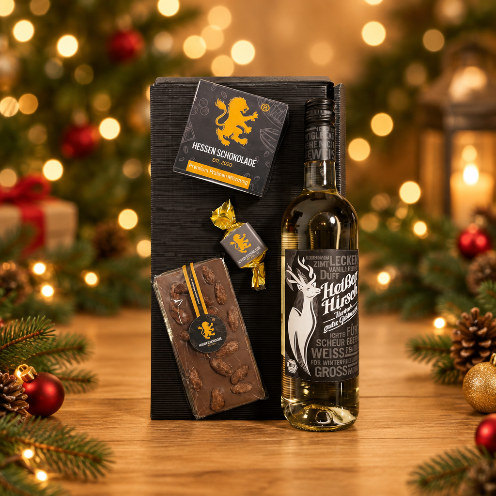 Weihnachtspräsent WHITE-XMAS mit weißem BIO-Glühwein, Pralinen und Schokolade – Hessen Schokolade