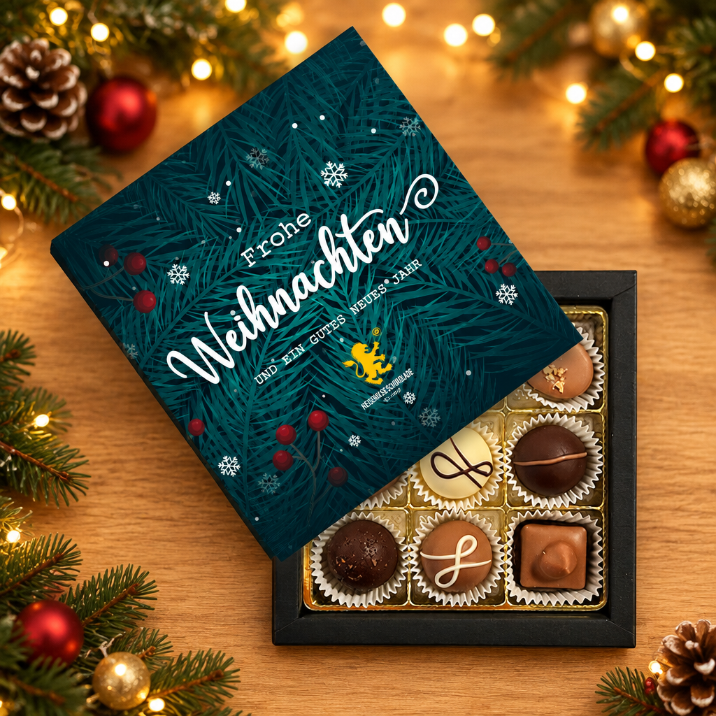 9er Wintermischung Frohe Weihnachten geöffnet – Pralinen von Hessen Schokolade