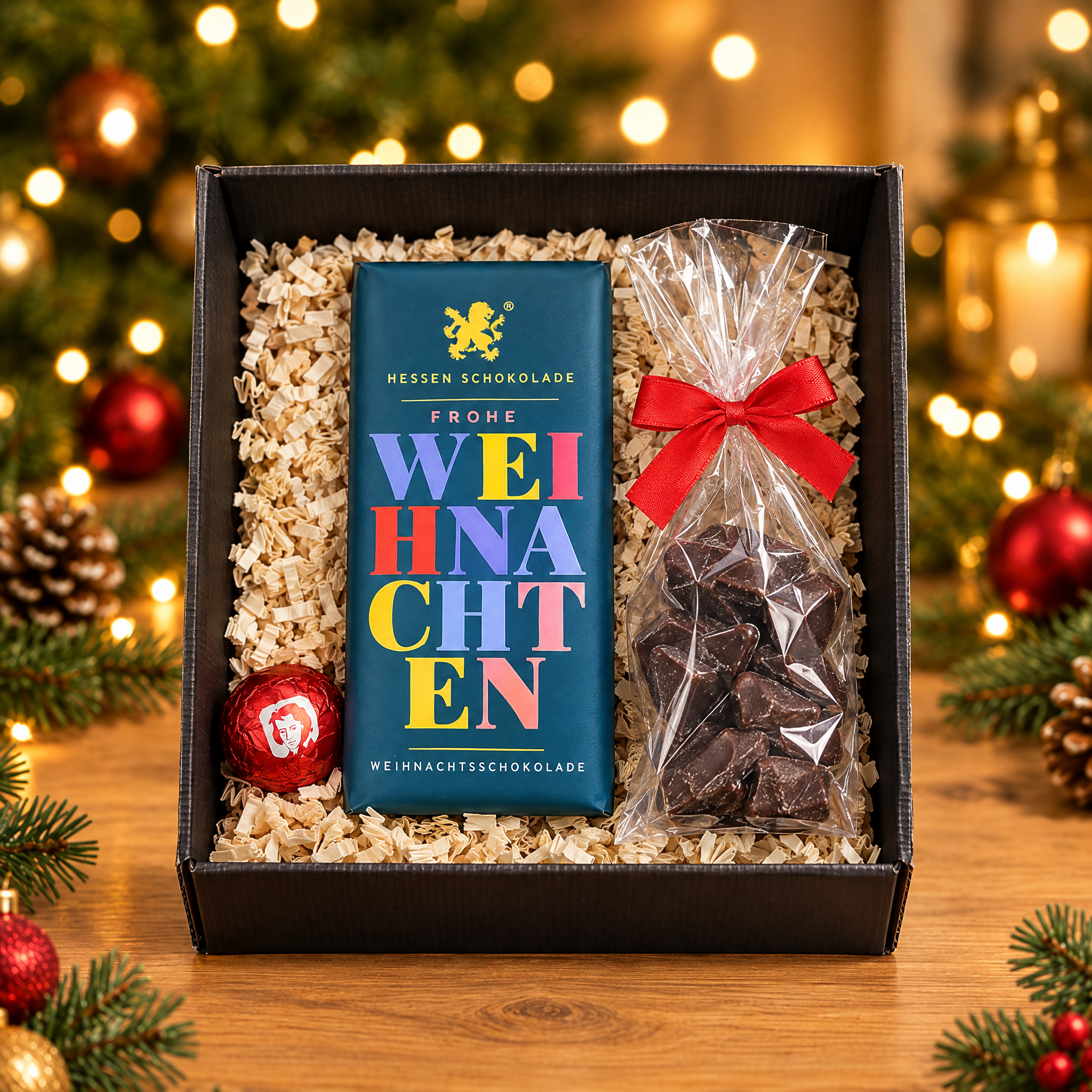 Weihnachtspräsent mit Tafel Frohe Weihnachten und Bruchschokolade