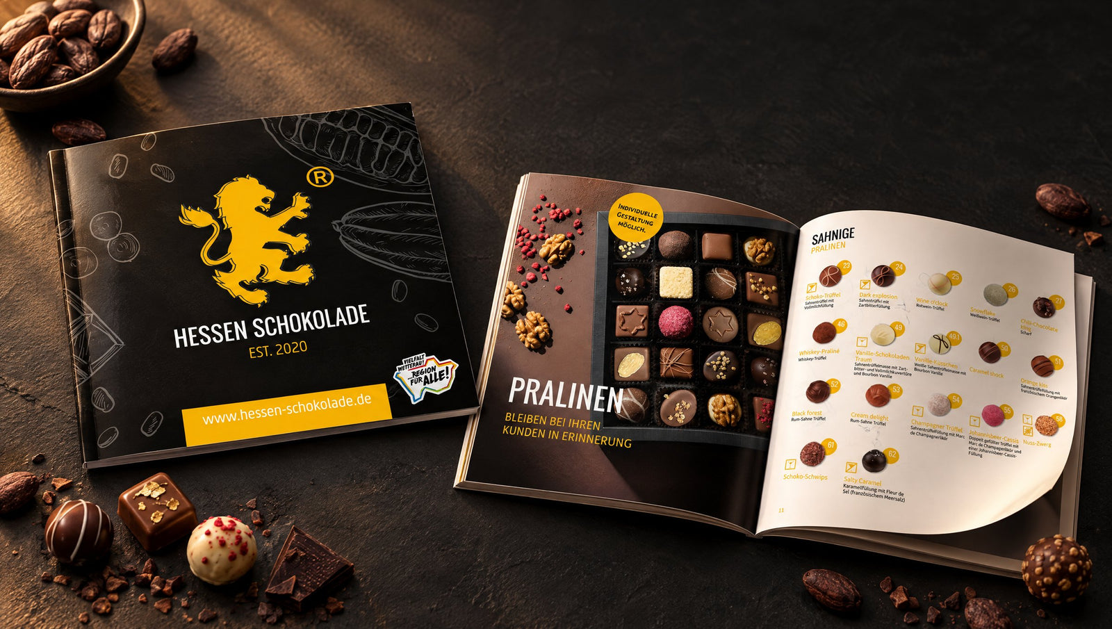 Hessen Schokolade B2B-Produktkatalog 2026 – aufgeschlagener Katalog mit Pralinen