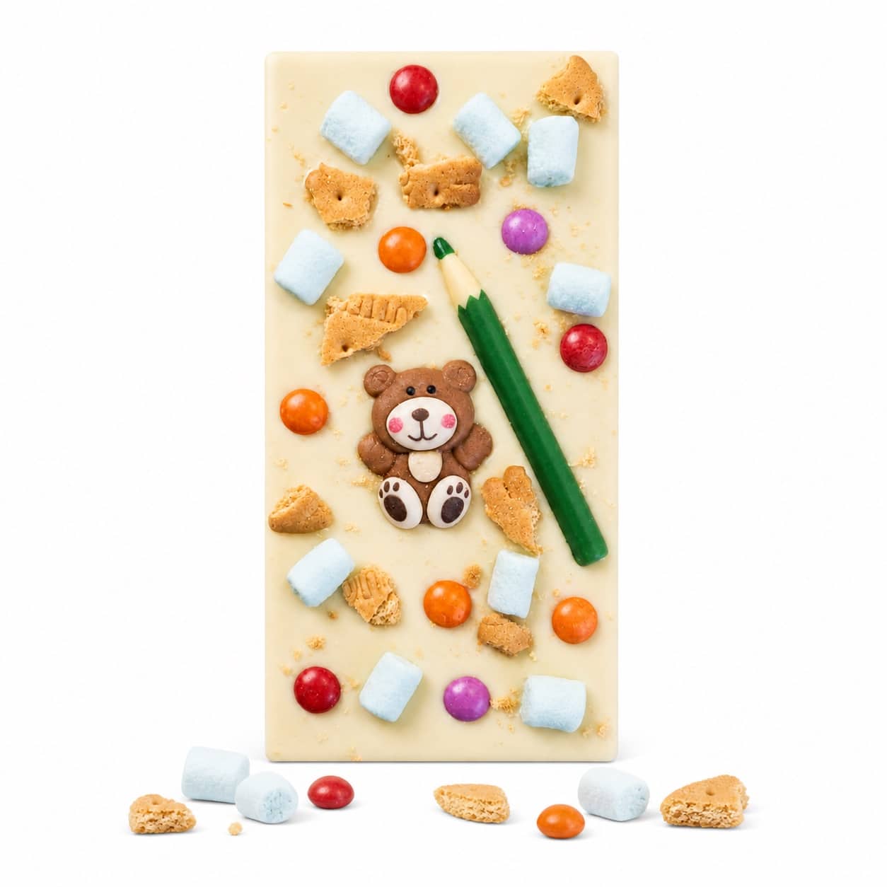 Premium weiße Schokolade KIDS Club mit Teddy, Buntstift, Marshmallows und Butterkeks – Hessen Schokolade