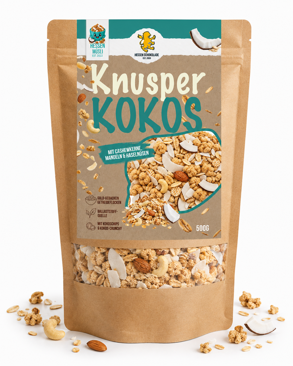 Knusper Kokos Müsli Classic 500 g Beutel – Müsli mit Kokosraspeln, Kokoschips, Cashew und Mandeln