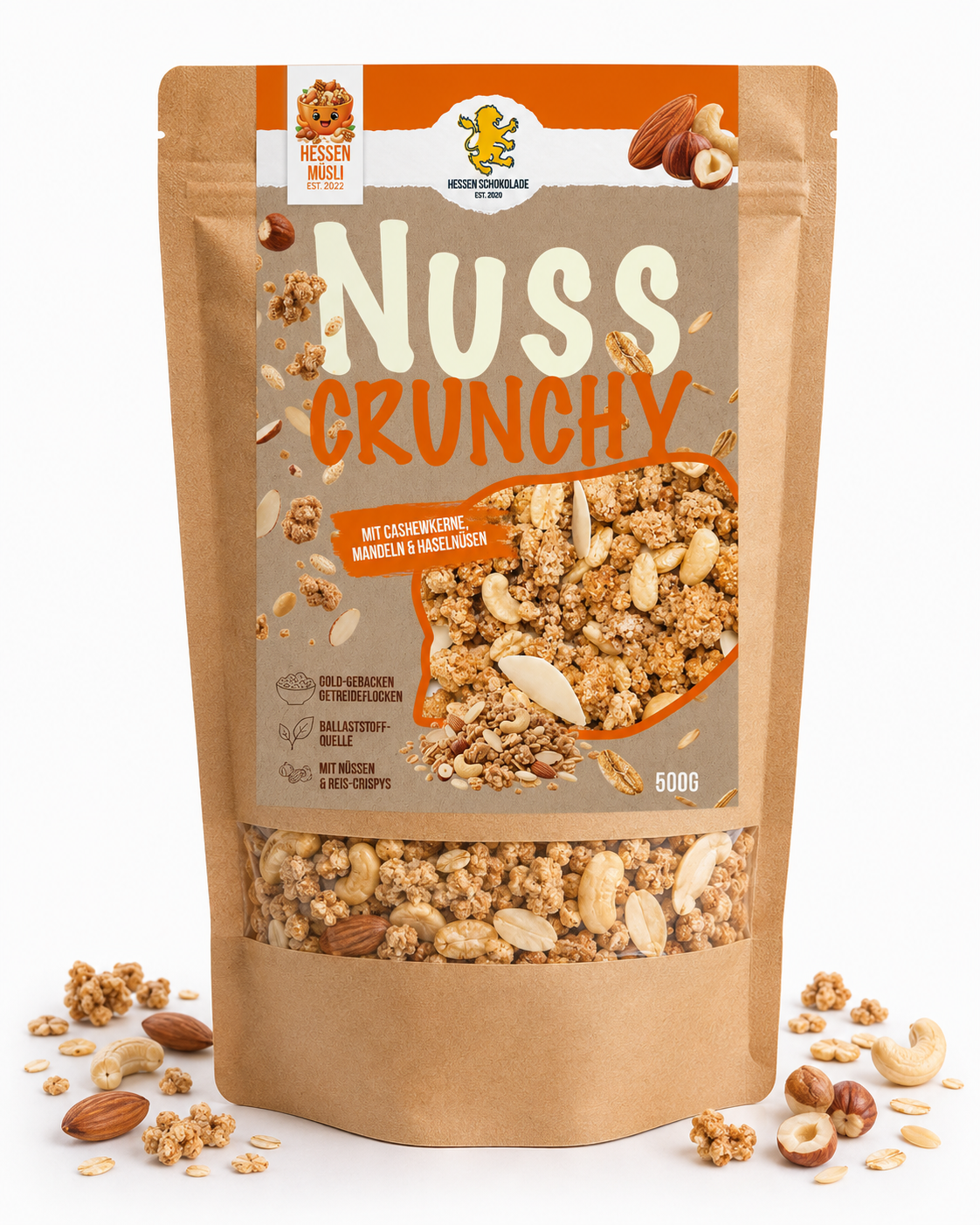 Nuss Crunchy Müsli 500 g Beutel – gebackenes Crunchy-Müsli mit Cashewkernen, Haselnüssen und Mandeln