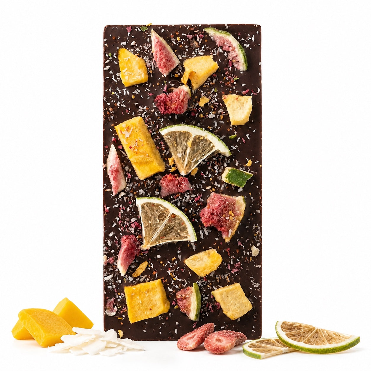 Premium Vollmilchschokolade Pina Colada mit Mango, Erdbeere und Orange – Hessen Schokolade