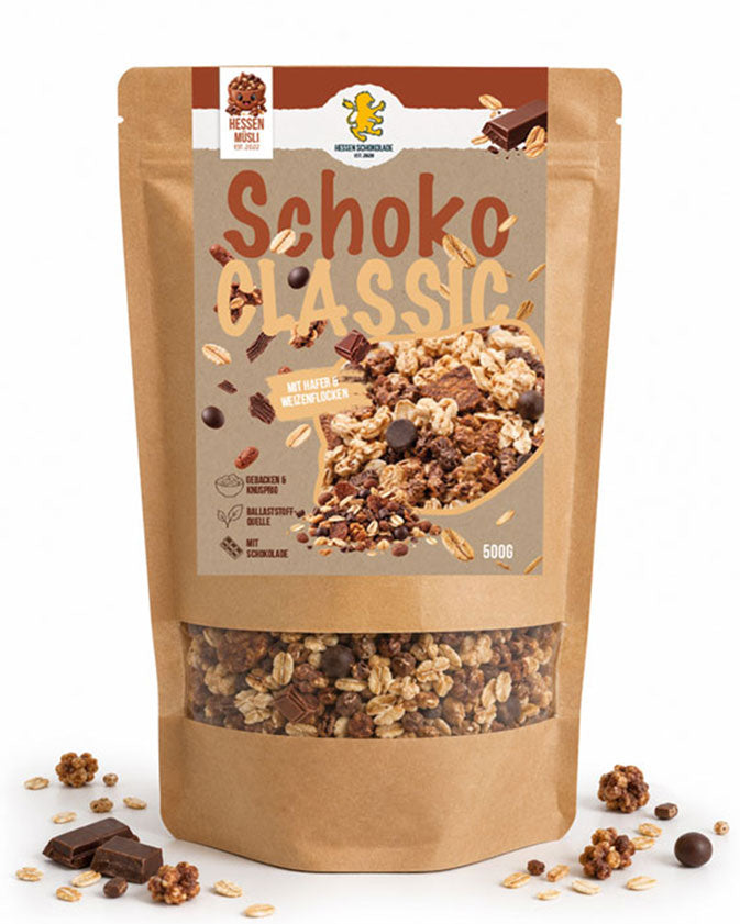 Schoko Müsli Classic 500 g Beutel – Schokoladen-Müsli weniger süß mit Zartbitter, Vollmilch-Puffreis und Schokocrisps
