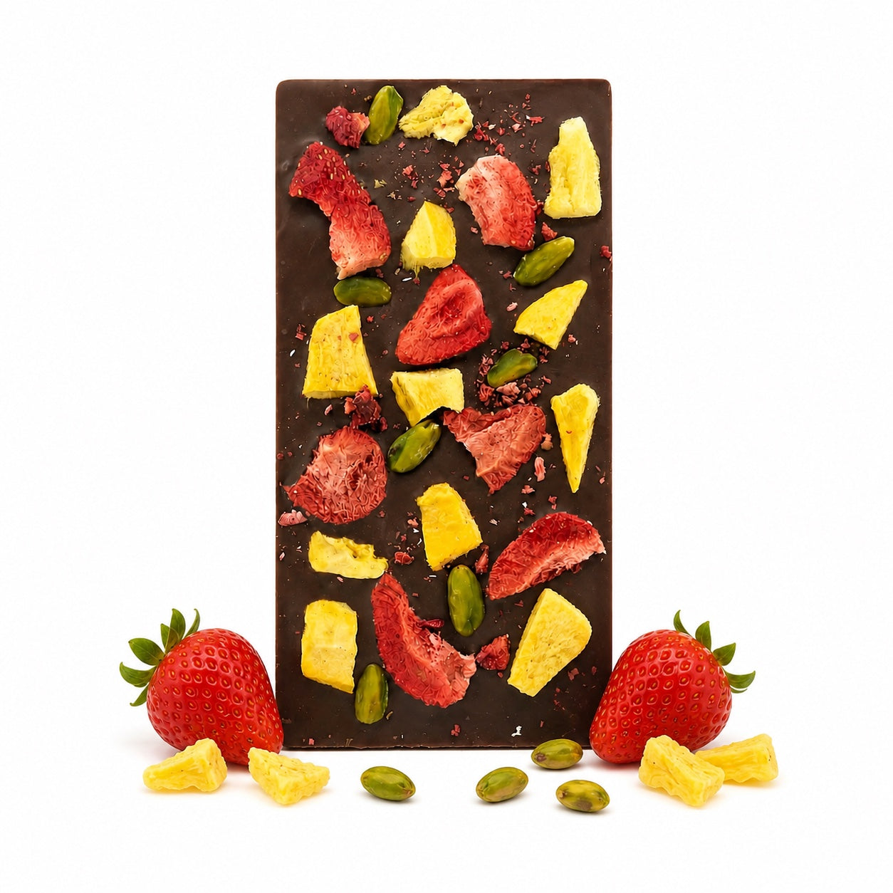 Premium Vollmilchschokolade Summer Special mit Mango, Erdbeere und Pistazien – Hessen Schokolade